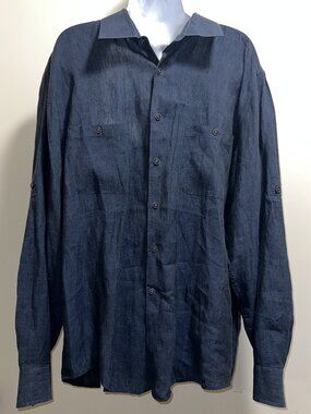 Breezy Coastalcore Preppy Joseph Abboud Blue 100% Linen Roll-tab Shirt Men's XL